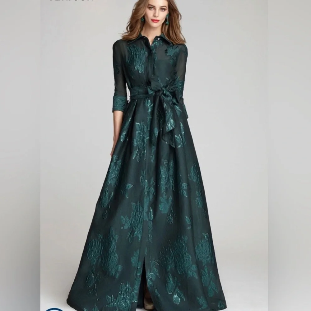 Teri Jon Rickie Freeman A-Line Jacquard Embroidered Green Shirt dress Gown 8 - Picture 2 of 12